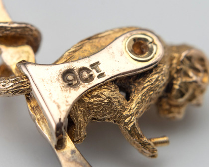 9 Carat Gold Monkey Bar Brooch - Monkey Holding Gold Coins, Bamboo